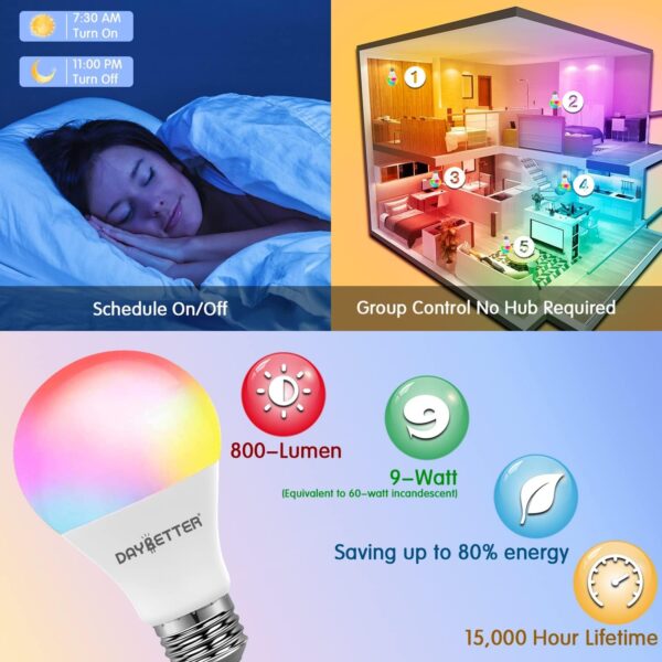 DAYBETTER Smart Light Bulbs, Alexa Light Bulb, WiFi Light Bulbs, RGBCW Color Changing Light Bulb A19 9W 800LM, Smart Bulbs that Work with Alexa & Google Assistant, 2.4Ghz only, No Hub Required,10 Pack - Image 5