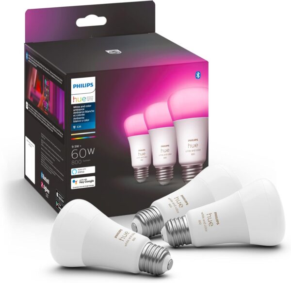 Philips Hue A19 LED Smart Light Bulb - White and Color Ambiance - 60W Indoor Light Bulb - Control with Hue App - Works with Alexa, Google Assistant and Apple Homekit - 3 Pack - Image 2