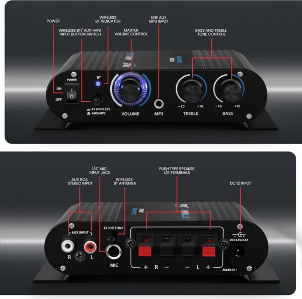 Pyle Wireless Bluetooth Home Audio Amplifier - 90W Dual Channel Mini Portable Power Stereo Sound Receiver w/ Speaker Selector, RCA, AUX, LED, 12V Adapter - For iPad, iPhone, PA, Studio Use - PFA330BT - Image 6