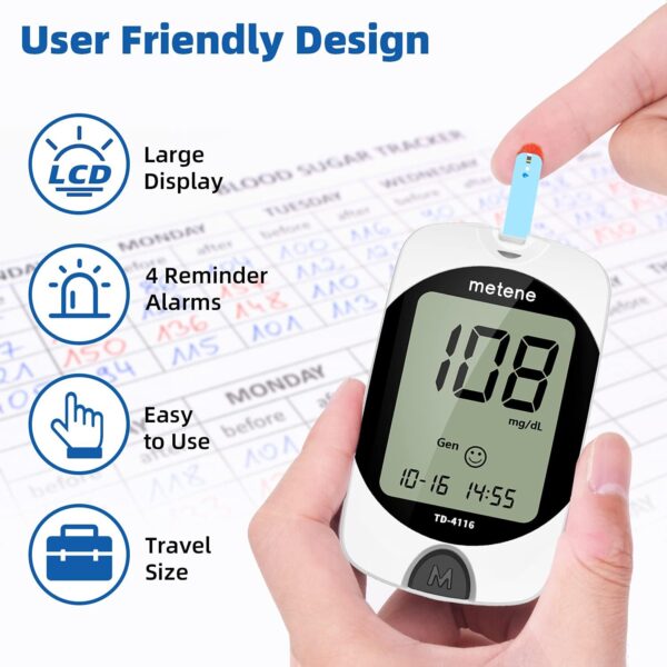 Metene TD-4116 Blood Glucose Monitor Kit, 100 Glucometer Strips, 100 Lancets, 1 Blood Sugar Monitor, Blood Sugar Test Kit with Control Solution, Lancing Device, No Coding, Large Display - Image 5