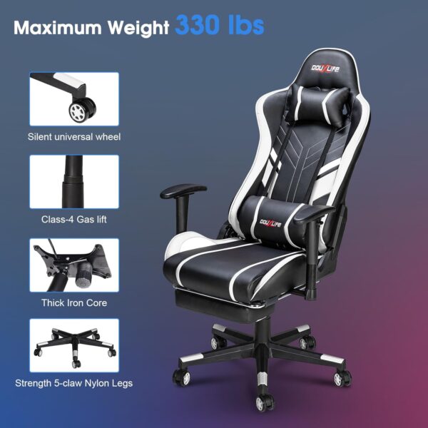 Massage Gaming Chair 7-Point, Office Chair with Footrest and Lumbar Support, Adjustable Seat Height Ergonomic, Thickened and Widened Cushions Backrest, 175° Reclining Max, White - Image 7