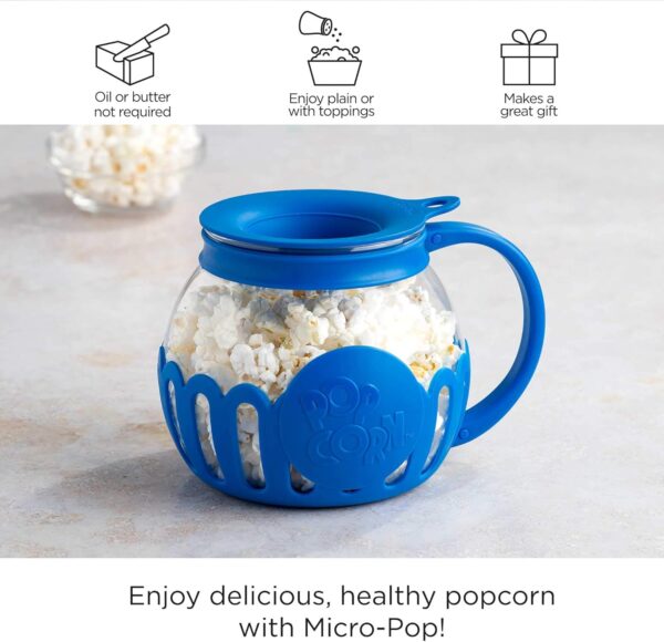 Ecolution Patented Micro-Pop Microwave Popcorn Popper with Temperature Safe Glass, 3-in-1 Lid Measures Kernels and Melts Butter, Made Without BPA, Dishwasher Safe, 1.5-Quart, Blue - Image 3