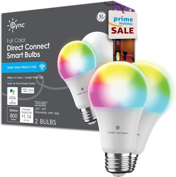 GE CYNC A19 Smart LED Light Bulbs, Color Changing Room Décor, Bluetooth and WiFi Light Bulbs, 60W Equivalent, Work with Amazon Alexa and Google Home (2 Pack) - Image 2