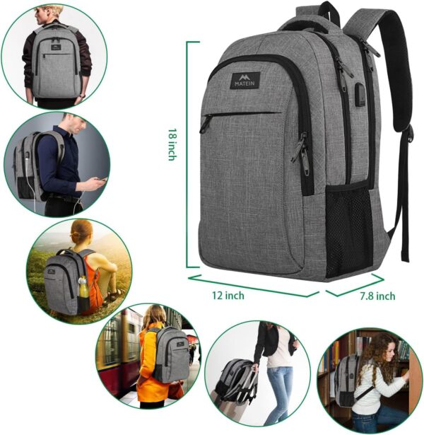 MATEIN Travel Laptop Backpack, Business Anti Theft Slim Sturdy Laptops Backpack with USB Charging Port, Water Resistant College School Computer Bag Gift for Men & Women Fits 15.6 Inch Notebook, Grey - Image 7