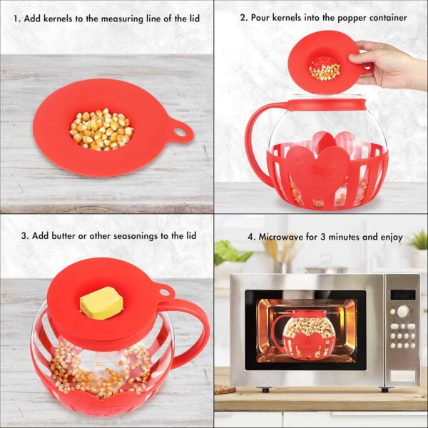 The Original Korcci 3 Quart Microwave Glass Popcorn Popper, Borosilicate Glass, Dishwasher Safe, 3-in-1 Silicone Lid, BPA Free, Family Size (Red) - Image 6