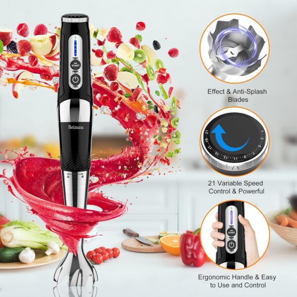 Cordless Hand Blender: 4-in-1 USB Rechargeable Immersion Blender, 21 Variable Speeds & 3-Angle Adjustable with 700ml Chopper, 700ml Beaker, Egg Whisk and Beater for Smoothies, Soup, Baby Food (Black) - Image 6