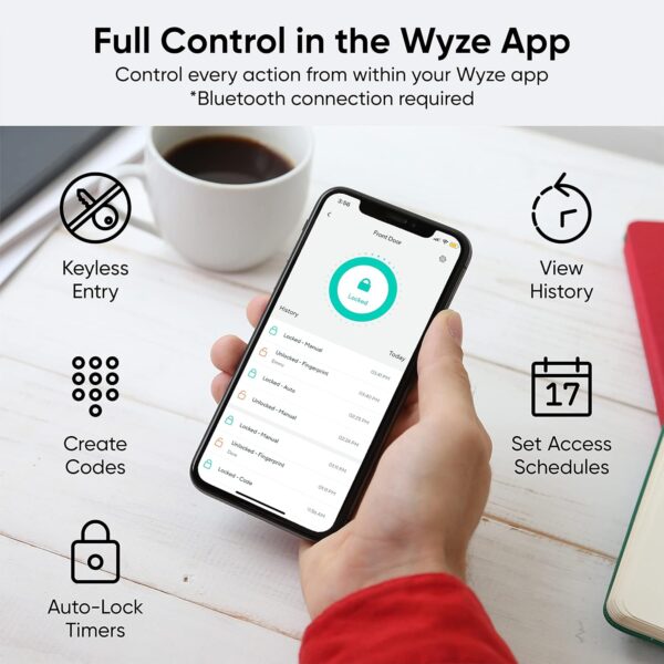 Wyze Auto-Lock Bolt, Fingerprint Keyless Entry Door Smart Bluetooth Deadbolt Replacement, Backlit Keypad, IPX5 Weatherproof, in-App History and Scheduled Access, BHMA, UL 20-Min Fire Rated - Image 5