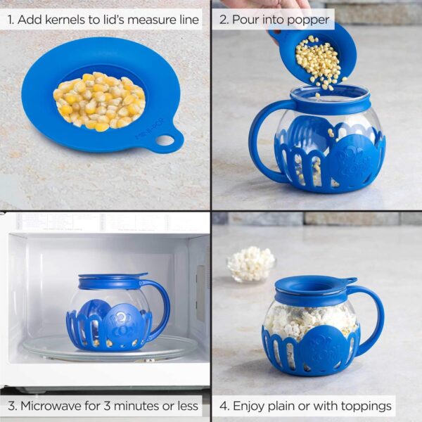 Ecolution Patented Micro-Pop Microwave Popcorn Popper with Temperature Safe Glass, 3-in-1 Lid Measures Kernels and Melts Butter, Made Without BPA, Dishwasher Safe, 1.5-Quart, Blue - Image 7