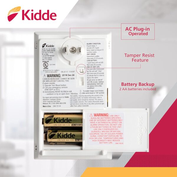 Kidde Carbon Monoxide Detector, Plug In Wall with AA Battery Backup, Test-Hush Button - Image 4