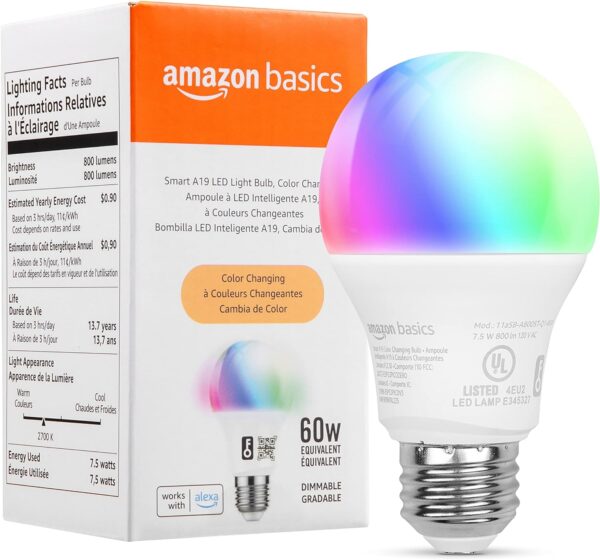 Amazon Basics Smart A19 LED Light Bulb, 2.4 GHz Wi-Fi, 7.5W (Equivalent to 60W) 800LM, Works with Alexa Only, 1-Pack, Multicolor - Image 2