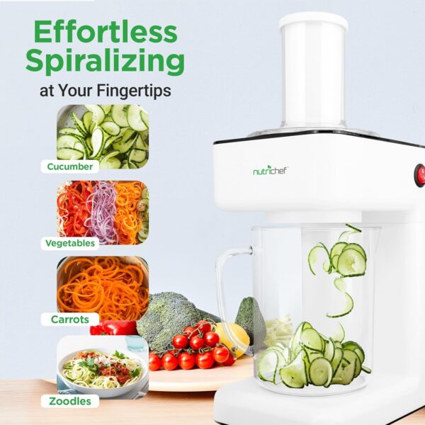 Nutrichef Electric Food Chopper | Zoodle Maker | 3-in-1 Vegetable Processor, Fruit Cutter, Spiral Shredder Machine, Veggie Spaghetti & Noodle maker | Includes Food Plunger & 1.2L Bowl - Image 3