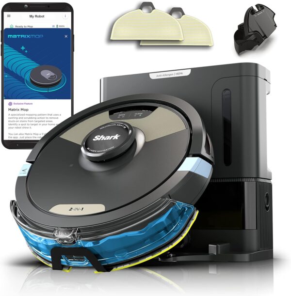 Shark Matrix Plus 2in1 Robot Vacuum & Mop with Sonic Mopping, Matrix Clean, Home Mapping, HEPA Bagless Self Empty Base, CleanEdge, for Pet Hair, Wifi, Black/Gold (AV2610WA) - Image 2