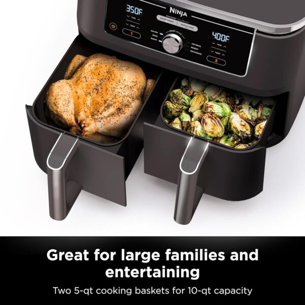 Ninja DZ401 Foodi 10 Quart 6-in-1 DualZone XL 2-Basket Air Fryer with 2 Independent Frying Baskets, Match Cook & Smart Finish to Roast, Broil, Dehydrate for Quick, Easy Family-Sized Meals, Grey - Image 4