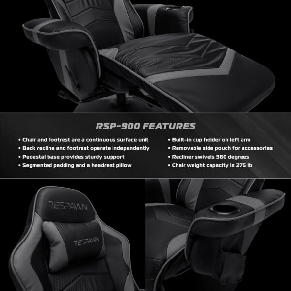 RESPAWN 900 Gaming Recliner - Video Games Console Recliner Chair, Computer Recliner, Adjustable Leg Rest and Recline, Recliner with Cupholder, Reclining Gaming Chair with Footrest - Gray - Image 7