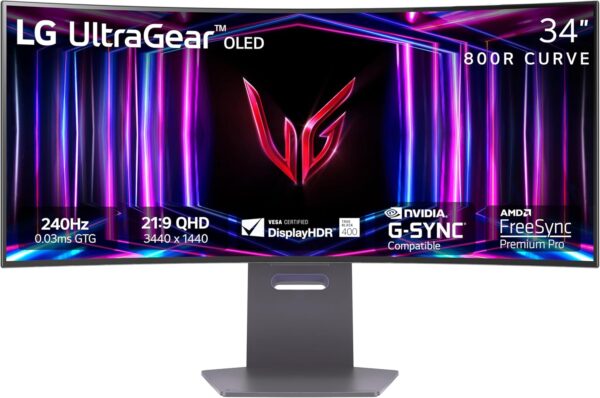 LG 34GS95QE 34-inch UltraGear OLED Curved Gaming Monitor WQHD 800R 240Hz 0.03ms DisplayHDR True Black 400 AMD FreeSync Premium Pro NVIDIA G-Sync HDMI 2.1 DisplayPort Tilt/Height/Swivel Stand Black - Image 2