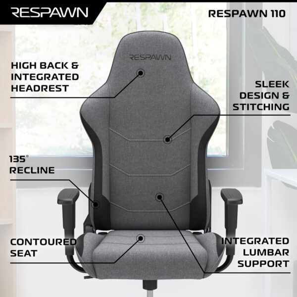 RESPAWN 110 Gaming Chair - Gamer Chair PC Computer Chair, Ergonomic Gaming Chairs, Office Chair with Integrated Headrest, Gaming Chair for Adults 135 Degree Recline with Angle Lock - Grey Fabric - Image 8