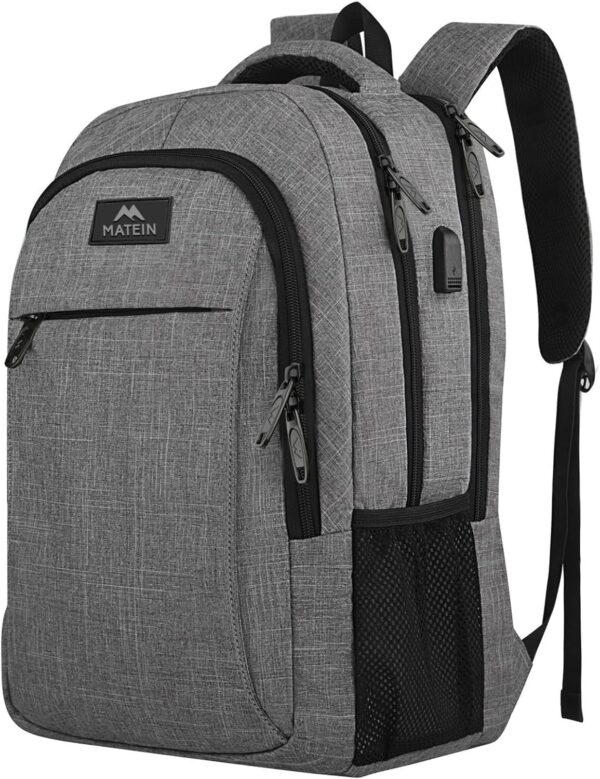 MATEIN Travel Laptop Backpack, Business Anti Theft Slim Sturdy Laptops Backpack with USB Charging Port, Water Resistant College School Computer Bag Gift for Men & Women Fits 15.6 Inch Notebook, Grey - Image 2