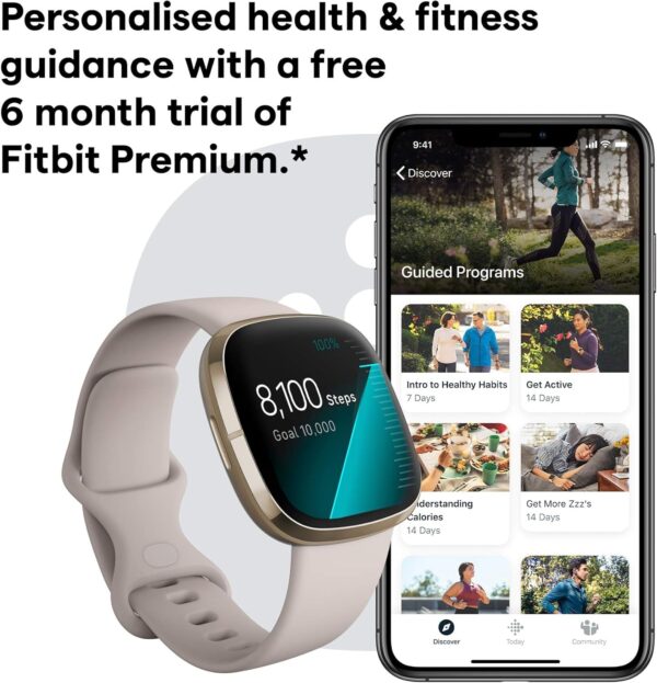 Fitbit Sense Advanced Smartwatch with Tools for Heart Health, Stress Management & Skin Temperature Trends, White/Gold, One Size (S & L Bands Included) - Image 7