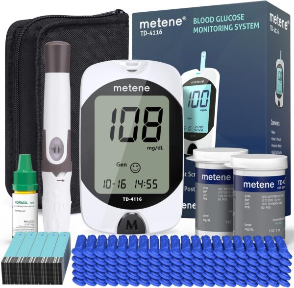 Metene TD-4116 Blood Glucose Monitor Kit, 100 Glucometer Strips, 100 Lancets, 1 Blood Sugar Monitor, Blood Sugar Test Kit with Control Solution, Lancing Device, No Coding, Large Display - Image 2