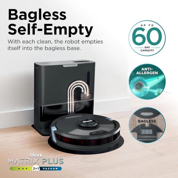 Shark Matrix Plus 2in1 Robot Vacuum & Mop with Sonic Mopping, Matrix Clean, Home Mapping, HEPA Bagless Self Empty Base, CleanEdge, for Pet Hair, Wifi, Black/Silver (RV2610WA) - Image 8