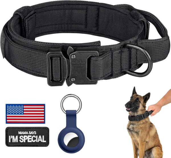 DAGANXI Tactical Dog Collar, Adjustable Military Training Nylon Dog Collar with Control Handle and Heavy Metal Buckle for Medium and Large Dogs, with Patches and Airtags Case (L, Black) - Image 2