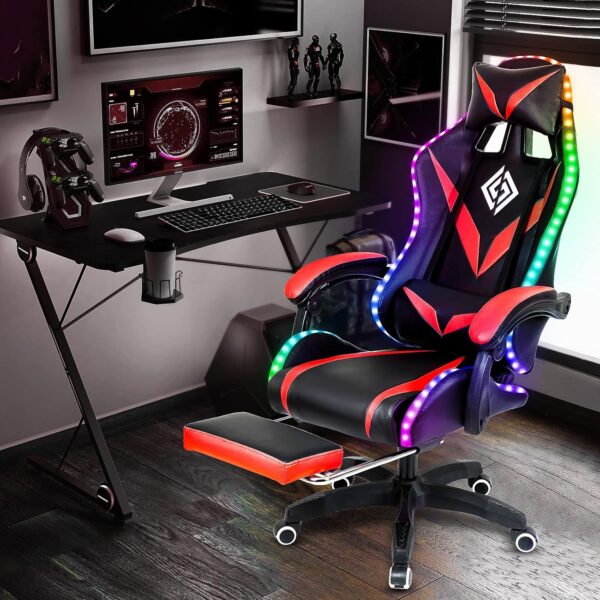 Gaming Chair with Massage and LED RGB Lights Ergonomic Computer Chair with Footrest High Back Video Game Chair with Adjustable Lumbar Support Linkage Armrest Red and Black - Image 2