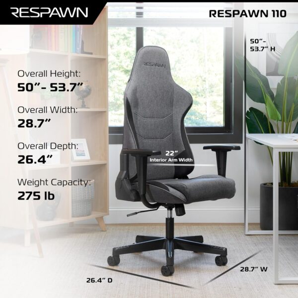 RESPAWN 110 Gaming Chair - Gamer Chair PC Computer Chair, Ergonomic Gaming Chairs, Office Chair with Integrated Headrest, Gaming Chair for Adults 135 Degree Recline with Angle Lock - Grey Fabric - Image 3