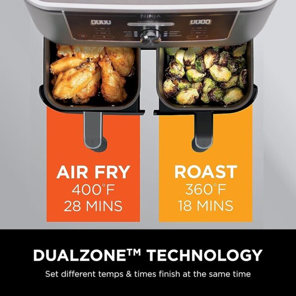 Ninja DZ401 Foodi 10 Quart 6-in-1 DualZone XL 2-Basket Air Fryer with 2 Independent Frying Baskets, Match Cook & Smart Finish to Roast, Broil, Dehydrate for Quick, Easy Family-Sized Meals, Grey - Image 6