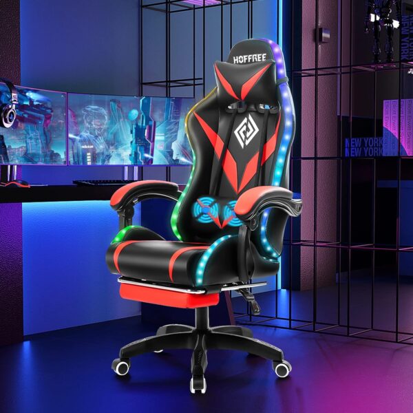 Gaming Chair with Massage and LED RGB Lights Ergonomic Computer Chair with Footrest High Back Video Game Chair with Adjustable Lumbar Support Linkage Armrest Red and Black - Image 8