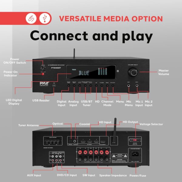 Pyle 1000W Bluetooth Home Theater Receiver - 5.2 Channel Surround Sound Stereo Amplifier System with 4K Ultra HD, 3D Video & Blu-Ray Video Pass-Through Support, HDMI/MP3/USB/AM/FM Radio, Black - Image 6