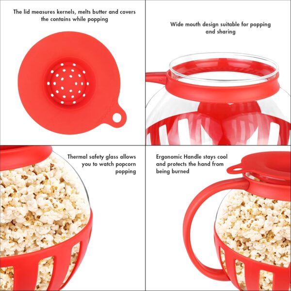 The Original Korcci 3 Quart Microwave Glass Popcorn Popper, Borosilicate Glass, Dishwasher Safe, 3-in-1 Silicone Lid, BPA Free, Family Size (Red) - Image 7