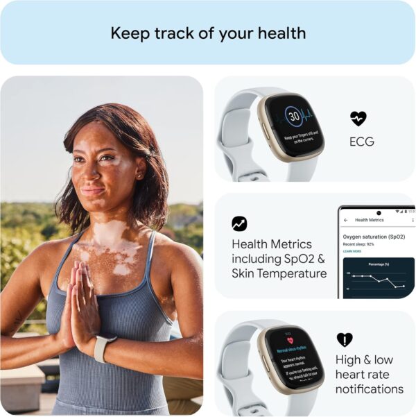 Fitbit Sense 2 Advanced Health and Fitness Smartwatch with Tools to Manage Stress and Sleep, ECG App, SpO2, 24/7 Heart Rate and GPS, Blue Mist/Pale Gold, One Size (S & L Bands Included) - Image 4