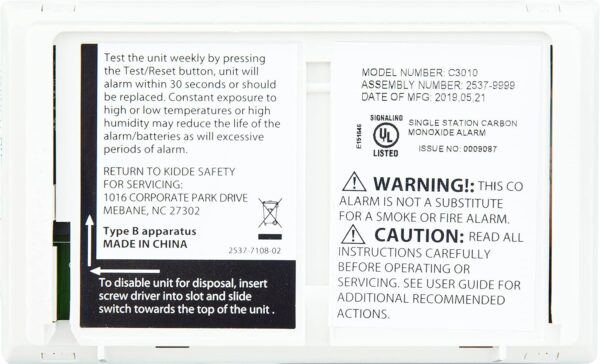 Kidde Carbon Monoxide Detector with 10-Year Battery, 3 LEDs, Replacement Indicator, Test-Reset Button - Image 7