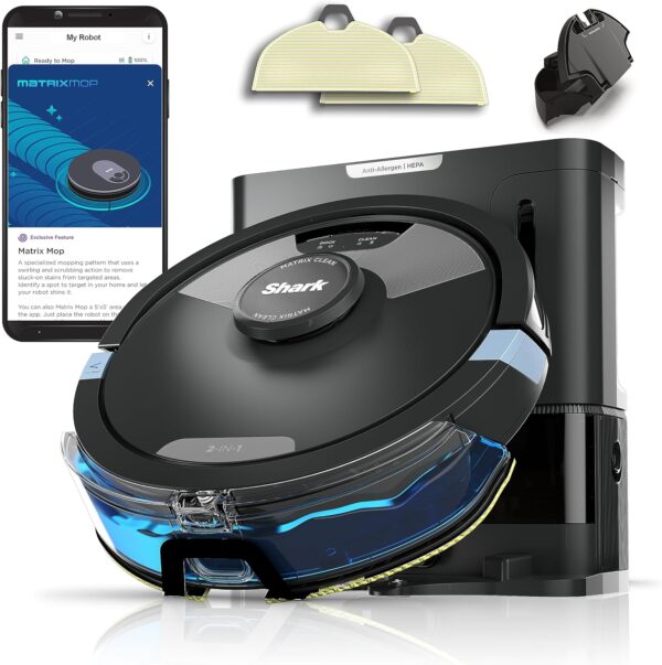 Shark Matrix Plus 2in1 Robot Vacuum & Mop with Sonic Mopping, Matrix Clean, Home Mapping, HEPA Bagless Self Empty Base, CleanEdge, for Pet Hair, Wifi, Black/Silver (RV2610WA) - Image 2