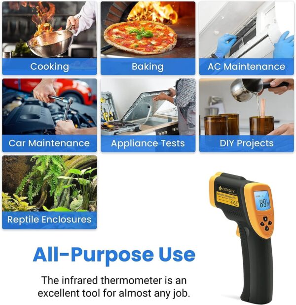 Etekcity Lasergrip 800 Temperature Gun-58℉ to 1382℉ with 16:1 DTS Ratio, High Laser Temp IR Tool for Cooking, Grill, Pizza Oven, Griddle, Engine, HVAC, Not for Human, Black Yellow - Image 3