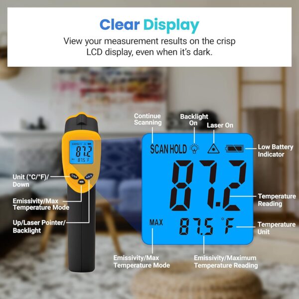 Etekcity Infrared Thermometer Temperature Gun 774, Digital IR Temp Gun for Food, Cooking, BBQ, Pizza Oven, Reptile, Griddle Accessories, Non Contact Surface Outdoor Heat Gun - Image 8