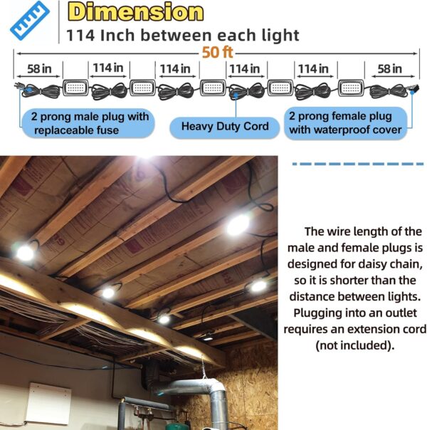 50FT Led Work Light 85W 8000LM Waterproof Construction String Lights Linkable Temporary Work Lighting Outdoor Indoor Worklight (5 Light Heads) - Image 4