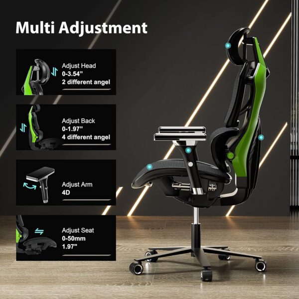 EUREKA ERGONOMIC Typhon Gaming Chair, Home Office Desk Chair with Lumbar Support, Breathable Ergonomic Mesh Chair with 4D Armrests, High Back Comfortable Computer Chair, Seat Depth Adjust, Black Green - Image 8