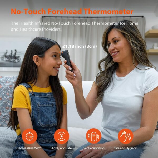 iHealth No-Touch Forehead Thermometer, Digital Infrared Thermometer for Adults and Kids, Non-Contact Baby Thermometer, 3 Ultra-Sensitive Sensors, Large LED Digits, Quiet Vibration Feedback, Black - Image 3