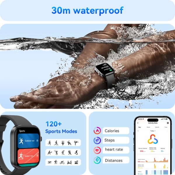 ENOMIR Smart Watch for Women iPhone & Android,1.99" AMOLDE Screen 3ATM Waterproof Fitness Watch with Answer/Make Call AI Voice,24H-Heart Rate/SpO2/BP Monitor,120+ Sports Modes (Black) - Image 7