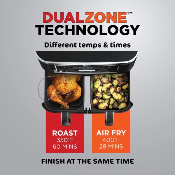 Ninja DZ550 Foodi 10 Quart 6-in-1 DualZone Smart XL Air Fryer with 2 Independent Baskets, Thermometer for Perfect Doneness, Match Cook & Smart Finish to Roast, Dehydrate & More, Grey - Image 11