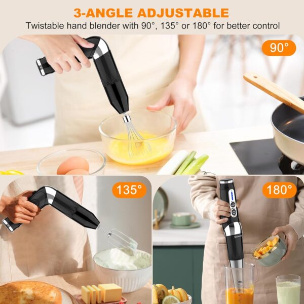 Cordless Hand Blender: 4-in-1 USB Rechargeable Immersion Blender, 21 Variable Speeds & 3-Angle Adjustable with 700ml Chopper, 700ml Beaker, Egg Whisk and Beater for Smoothies, Soup, Baby Food (Black) - Image 4