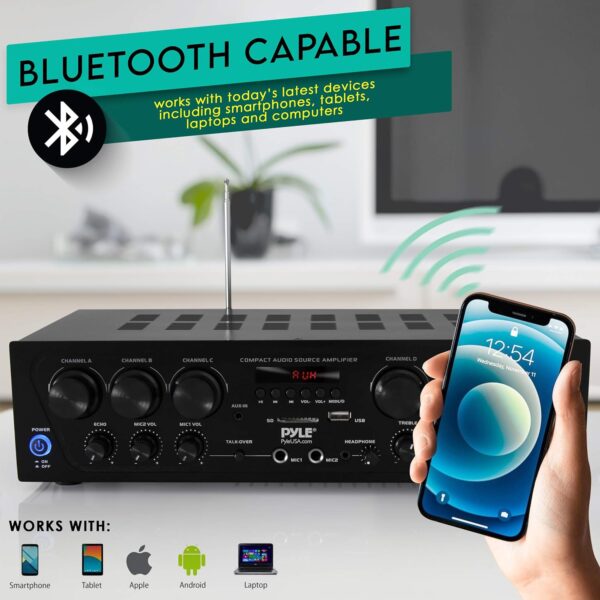 Pyle Wireless Bluetooth Home Audio Amplifier System-Upgraded 6 Channel 750 Watt Sound Power Stereo Receiver w/USB, Micro SD, Headphone,2 Microphone Input w/Echo, Talkover for PA - PTA62BT.5 - Image 4