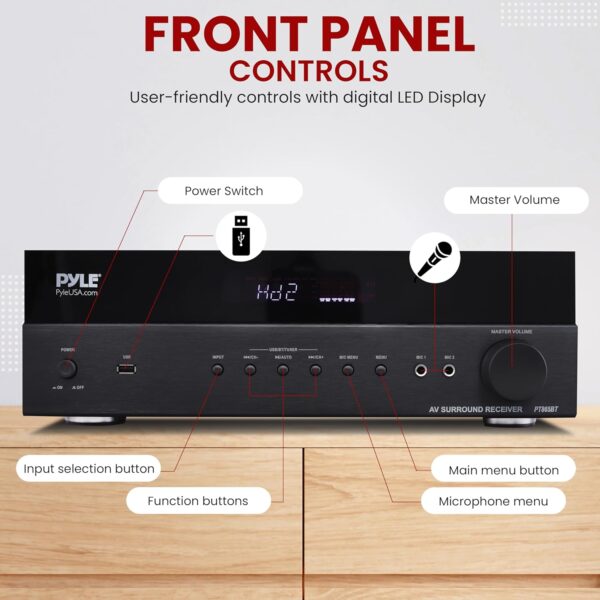 Pyle 5.2 Channel Hi-Fi Home Theater Receiver - 1000W MAX Wireless BT Surround Sound Stereo Amplifier System with 4k Ultra HD Support, MP3/USB/DAC/FM Radio, Ideal for Immersive Home Audio Experience - Image 3