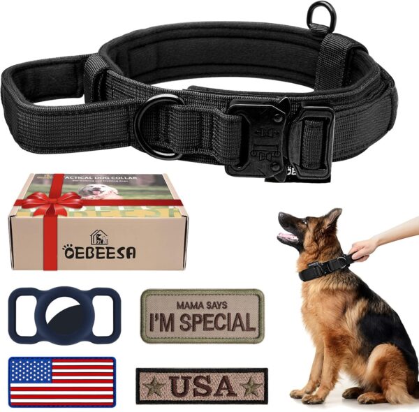 Tactical Dog Collar Adjustable Military Collar: - Nylon K9 Collars with Handle and Heavy Duty Metal Buckle for Medium and Large Dogs with 3 Patches and Airtag Case Holder (L, Black) - Image 2