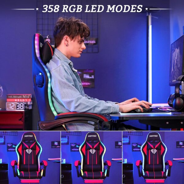 RGB Gaming Chair with Bluetooth Speakers and LED Lights Ergonomic Massage Computer Game Chair with Footrest High Back Music Video Game Chair with Lumbar Support Red and Black - Image 8