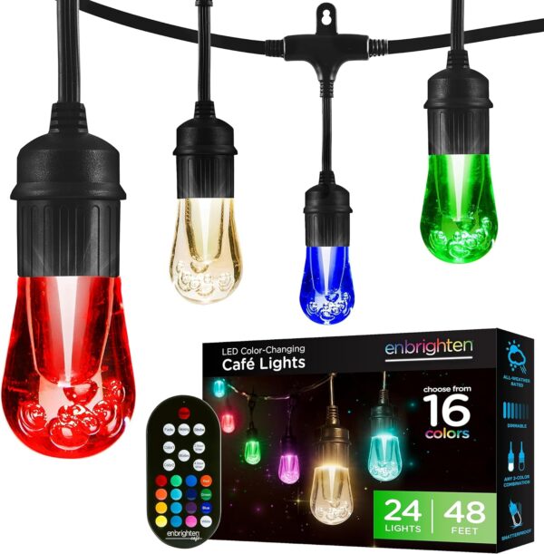 Enbrighten Premium Color Changing String Lights, 48ft Black Cord, 24 Shatterproof Acrylic Bulbs, Weatherproof, Remote Control, Dimmable RGB LED, Outdoor String Lights, 37790 - Image 2