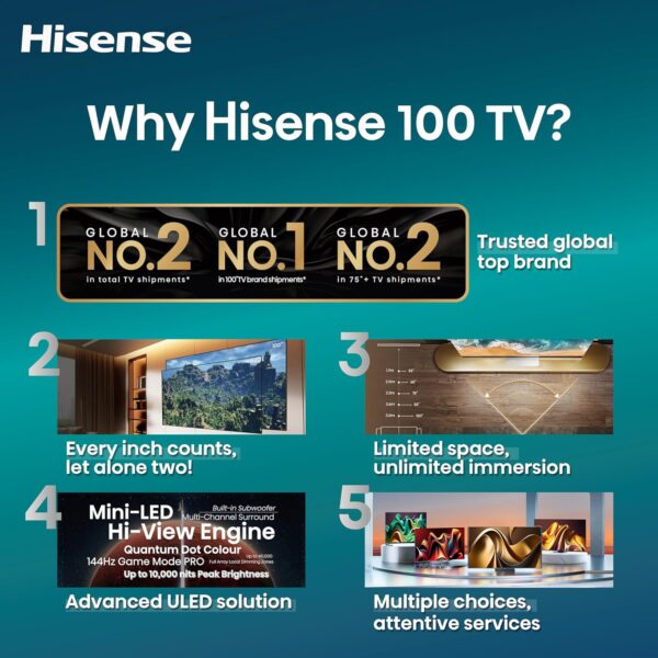 Hisense 100-Inch Class U7 Series ULED 4K UHD Google Smart TV (100U76N, 2024 Model) - QLED, Native 144Hz, Dolby Vision, Full Array Local Dimming, Game Mode Pro, Alexa Compatibility - Image 3