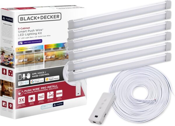 BLACK+DECKER Professional PUSH WIRE® Matter Certified Smart Under Cabinet Lighting Kit, Adjustable White and RGB LEDs, Works with Alexa, Apple Home, Google Home, (6) 12" Bars - Image 2