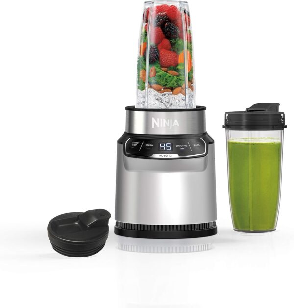 Ninja BN401 Nutri Pro Compact Personal Blender, Auto-iQ Technology, 1000-Peak-Watts, for Frozen Drinks, Smoothies, Sauces & More, with (2) 24-oz. To-Go Cups & Spout Lids, Cloud Silver - Image 2